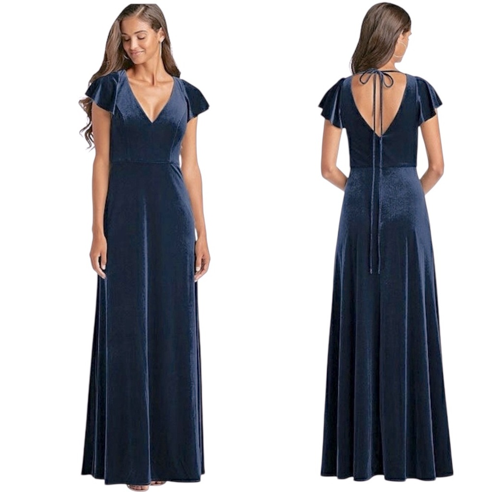 After Six Flutter Sleeve Velvet Maxi Dress with Pockets in Midnight Navy Size 4